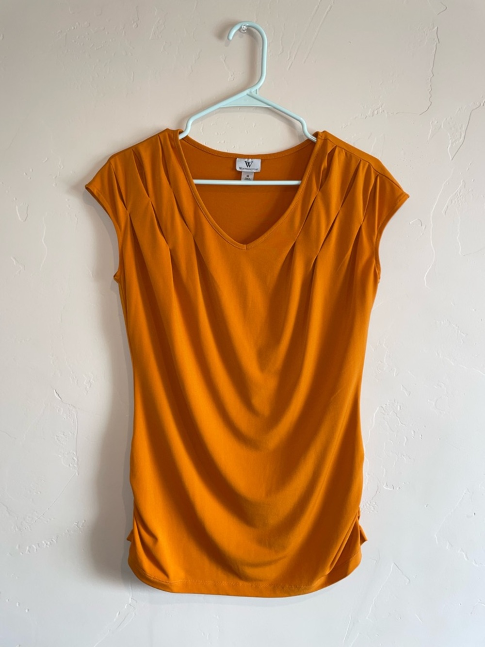 Worthington Orange V-Neck Cap Sleeve Pleated Top